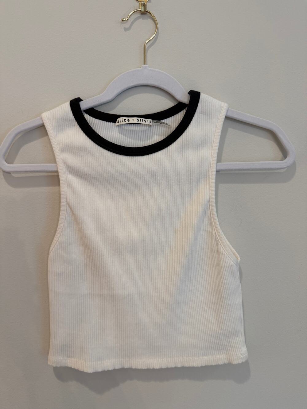 Alice + Olivia Ribbed Crop Tank White/Black S